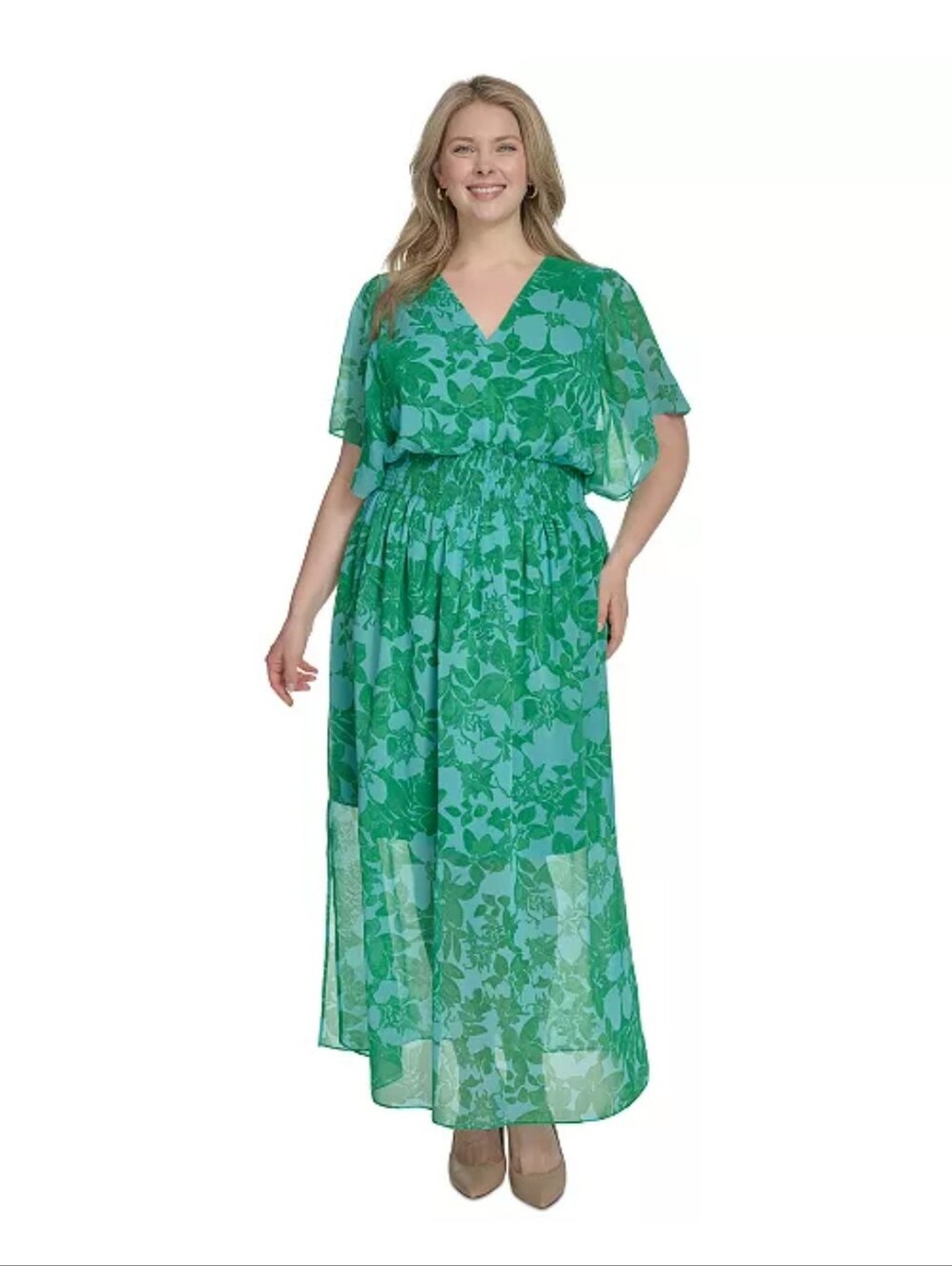 Jessica Howard Plus Size Printed Chiffon Flutter- Sleeve Maxi Dress